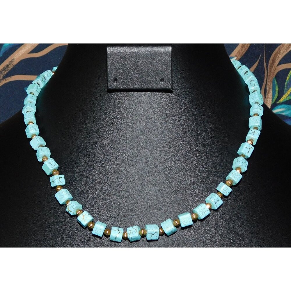 Elegant Faux Turquoise Cube And Gold Tone Beaded Necklace